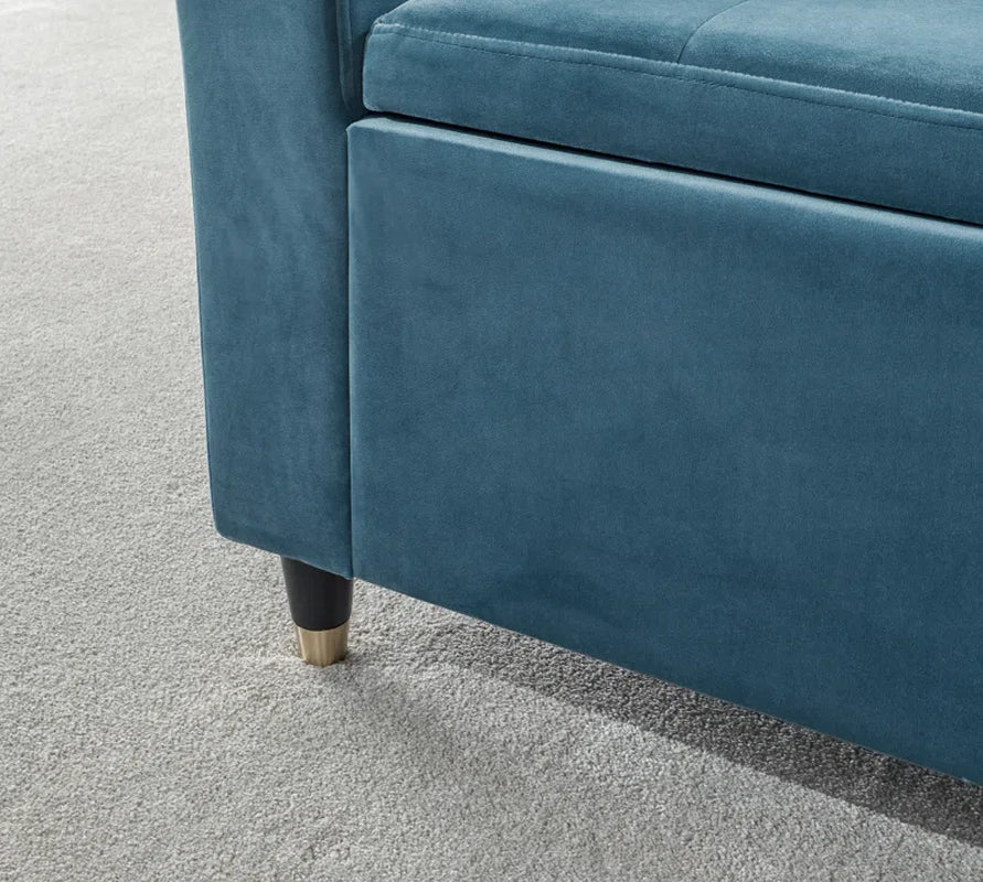 Teal Chenille Storage Bench with Arms, Upholstered Bedroom Seat with Flip-Top Storage