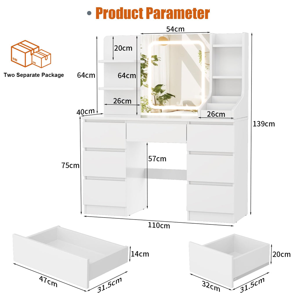 Dressing Table with Large Lighted Mirror, 7 Drawers, 4 Shelves & 3 Open Compartments, Modern White Vanity Desk