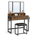 Dressing Table with Tri-Fold Mirror and Stool, 3 Drawers, Hair Dryer Holder, Industrial Rustic Brown & Black