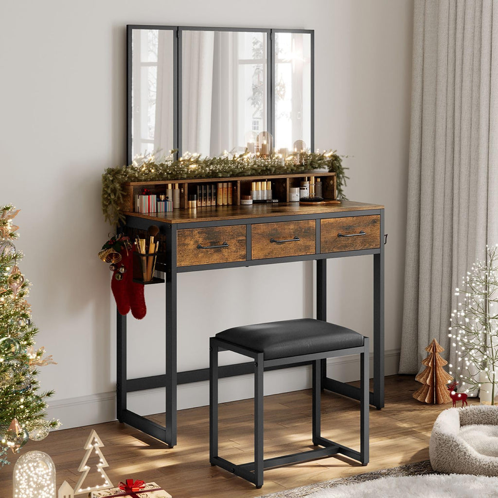 Dressing Table with Tri-Fold Mirror and Stool, 3 Drawers, Hair Dryer Holder, Industrial Rustic Brown & Black