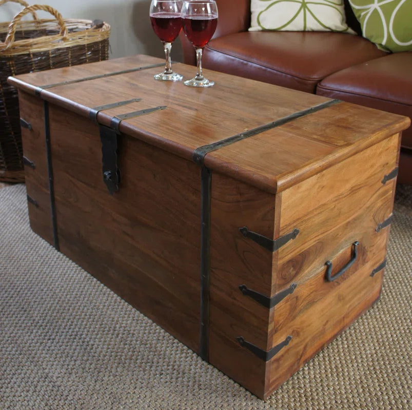 Solid Wood Chest Coffee Table with Storage, Rustic Acacia Trunk Design