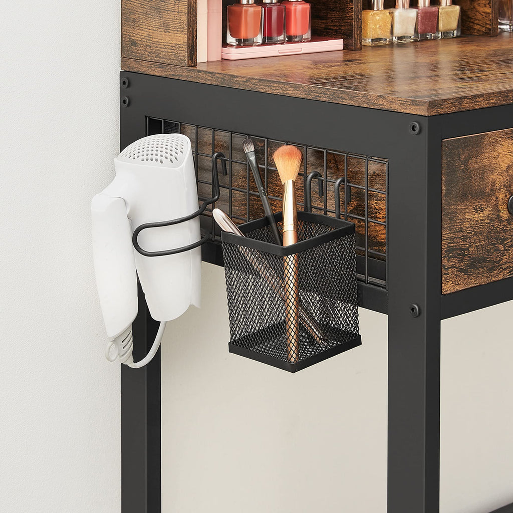 Dressing Table with Tri-Fold Mirror and Stool, 3 Drawers, Hair Dryer Holder, Industrial Rustic Brown & Black