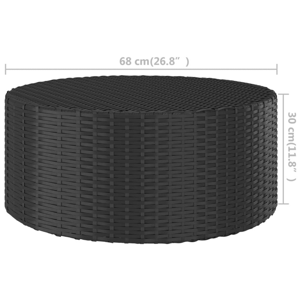 Round Black Outdoor Tea Table, PE Rattan and Steel, 68 × 30 cm