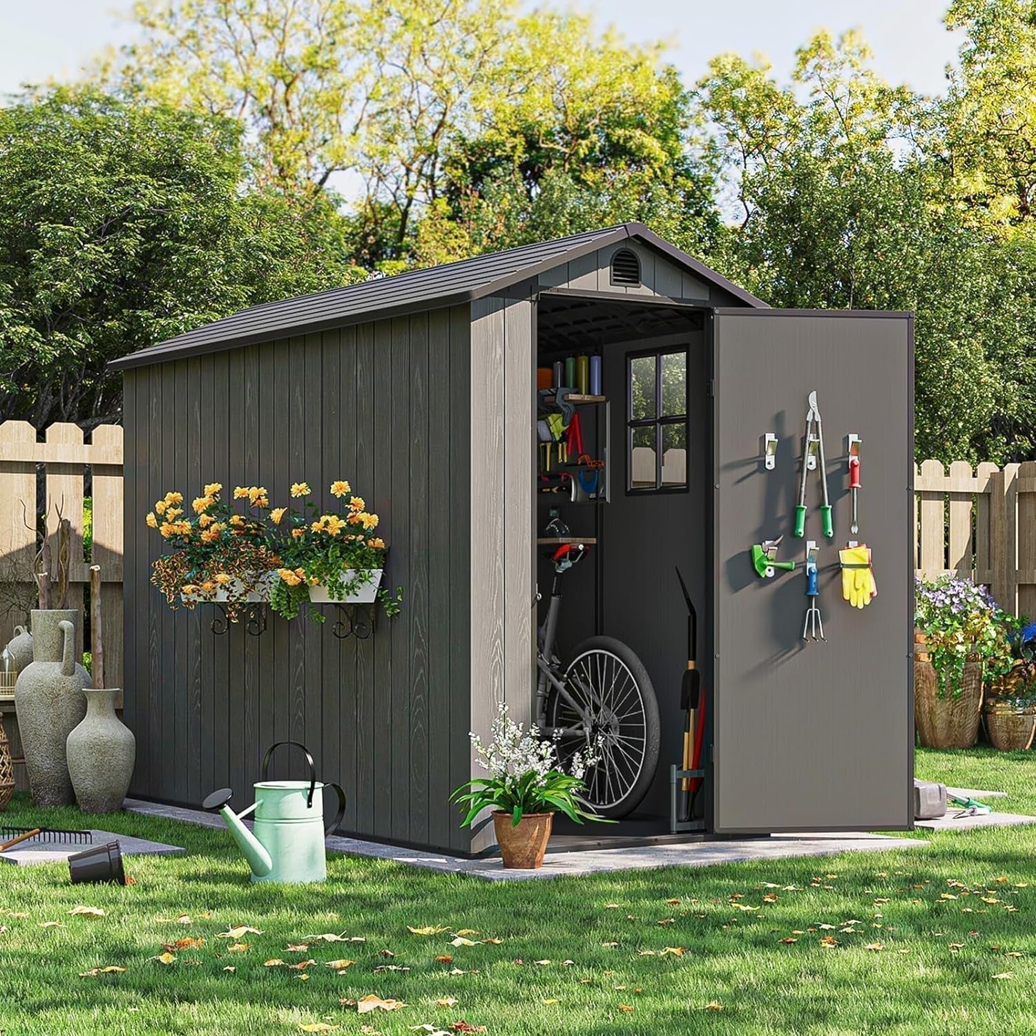 4X8 FT Plastic Outdoor Storage Shed with Floor, Resin outside Shed with Windows and Lockable Door for Backyard Garden Patio Lawn, Easy Installation, Gray (Fit-It Shed)